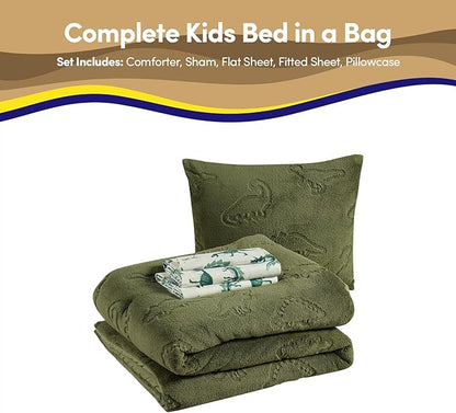 Twin Size Kids Comforter Set - Dinosaur Embossed Bedding Set Bed in a Bag for Boys and Girls Toddlers Sheet Set and Comforter, Dinosaur Embossed