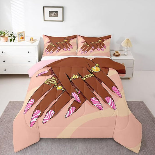 Erosebridal Romantic Makeup Themed Comforter Set King Size for Girls Fashion Girlish Quilt Black Girls Bedding Set for Kids Teens Adult Women Bedroom Afro Vogue Princess Magical Down Comforter