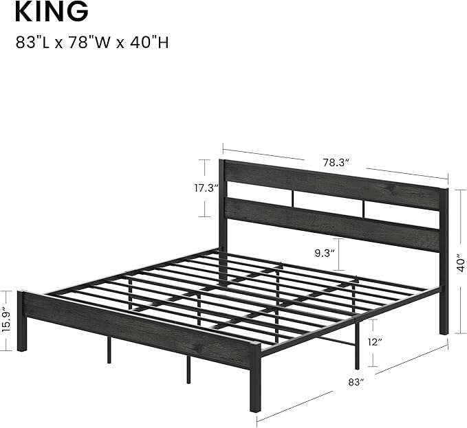 LIKIMIO King Bed Frame, with Headboard, Easy Assembly, Noise-Free, No Box Spring Needed, Heavy Strong Metal Support Frames, Charcoal Grey