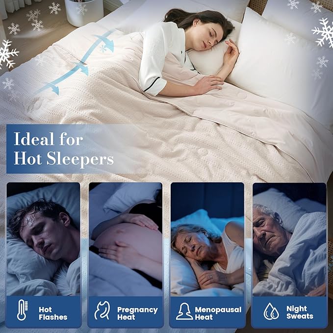 Amélie Home Waffle Cooling Comforter Queen Size, Q-Max 0.45 Reversible Lightweight Cooling Blanket for Hot Sleepers, Breathable Bedding for Night Sweats, 90"x90", Beige