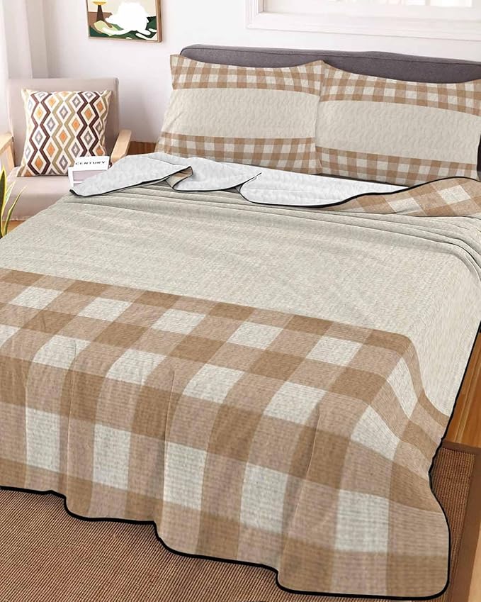 Quilts Twin XL Size, Retro Brown Soft Comforter Bedding Set for Bed, Farmhouse Buffalo Plaid Vintage Beige Lightweight Quilted Bedspread with Pillow Cover(2 Pieces) for All Season, 68x98 Inch