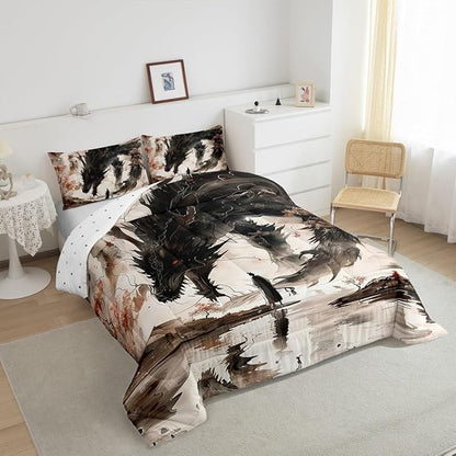 Feelyou Dragon Comforter Set Full Size Japanese Style Comforter for Boys Girls Teens Samurai Bedding Set Japanese Ukiyoe Duvet Set Room Decor Black Beige Quilt Set