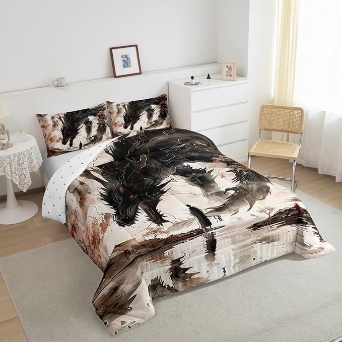 Feelyou Dragon Comforter Set Toddler Size Japanese Style Comforter for Boys Girls Teens Samurai Bedding Set Japanese Ukiyoe Duvet Set Room Decor Black Beige Quilt Set