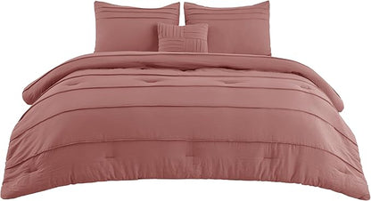 Bedsure Full Comforter Set - 4 Pieces Pinch Pleat Bed Set, Dusty Pink Boho Bedding for All Season, 1 Soft Comforter, 2 Pillowcases, 1 Decorative Pillow