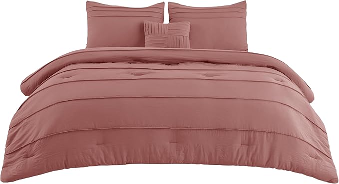 Bedsure Queen Comforter Set - 4 Pieces Pinch Pleat Bed Set, Dusty Pink Boho Bedding for All Season, 1 Soft Comforter, 2 Pillowcases, 1 Decorative Pillow