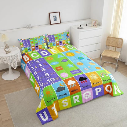 Castle Fairy Alphabet Queen Size Comforter Set,Educational Weather Planets Number Down Alternative Comforter Adults Bedroom Decor,Watercolor Patchwork Ultra Soft Inner Fill 3Pcs Bedding