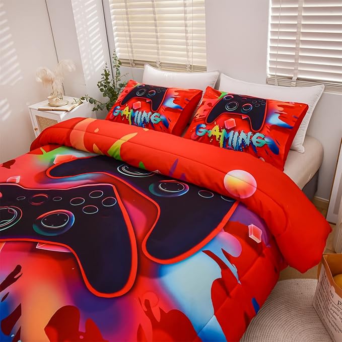 Aimuan Gaming Comforter Sets for Boys Kids Bedding Sets Video Games Console Action Buttons Novelty Colorful Game Gamepad Controller Modern Gamer Room Decor Home Quilt Set (Full, Red)