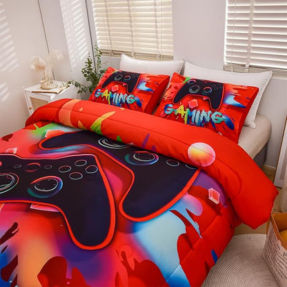 Aimuan Gaming Comforter Sets for Boys Kids Bedding Sets Video Games Console Action Buttons Novelty Colorful Game Gamepad Controller Modern Gamer Room Decor Home Quilt Set (Full, Red)