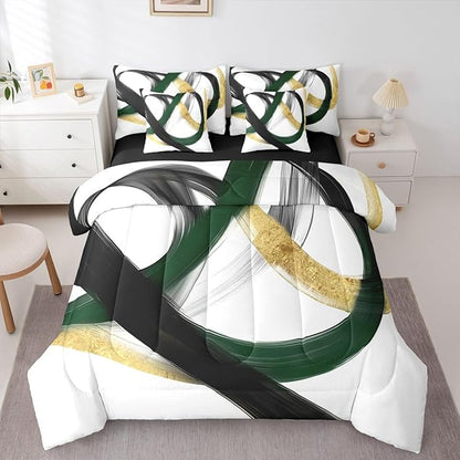 Erosebridal Abstract Black Gold 7 Piece Comforter Set Twin Geometric Green Minimalist Lines Bedding Set Modern Ink Painting Stripes Quilt Simple Aesthetic Fashion Neutral Sheet Set for Men