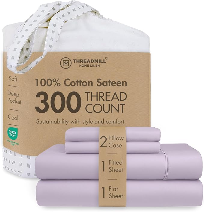 Threadmill 100% Cotton Sheets for King Size Bed | 4 Pc King Bed Sheets Set | Soft, Breathable Lightweight Solid Sateen for All-Season Use | Snug Fit Elastic Deep Pocket King Sheets | Lilac