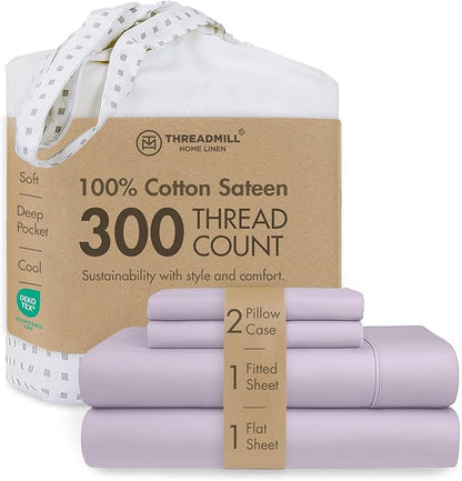 Threadmill 100% Cotton Sheets for King Size Bed | 4 Pc King Bed Sheets Set | Soft, Breathable Lightweight Solid Sateen for All-Season Use | Snug Fit Elastic Deep Pocket King Sheets | Lilac