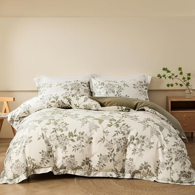 OAITE Duvet Cover Set King Size Floral Pattern 600 Thread Count Ultra Soft 100% Long Staple Cotton Duvet Cover Sets 3-PC, Breathable Duvet Cover with Zipper Closure & Corner Ties