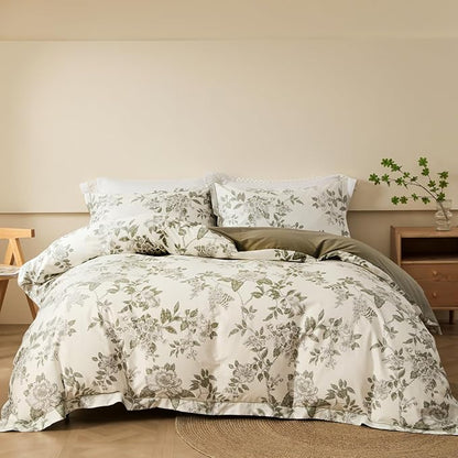 OAITE Duvet Cover Set King Size Floral Pattern 600 Thread Count Ultra Soft 100% Long Staple Cotton Duvet Cover Sets 3-PC, Breathable Duvet Cover with Zipper Closure & Corner Ties