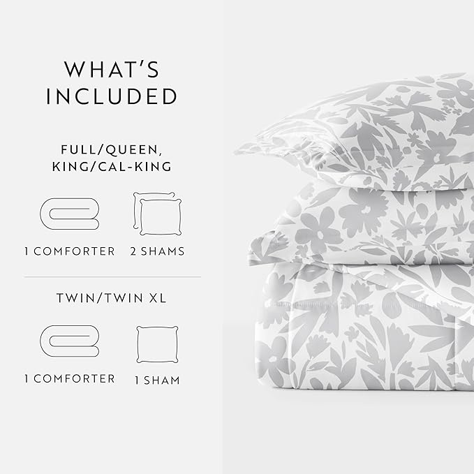LINENS & HUTCH Comforter Set Patterned Microfiber All Season Down-Alternative Ultra Soft Bedding in Abstract Garden - Full/Queen Abstract Garden Light Gray
