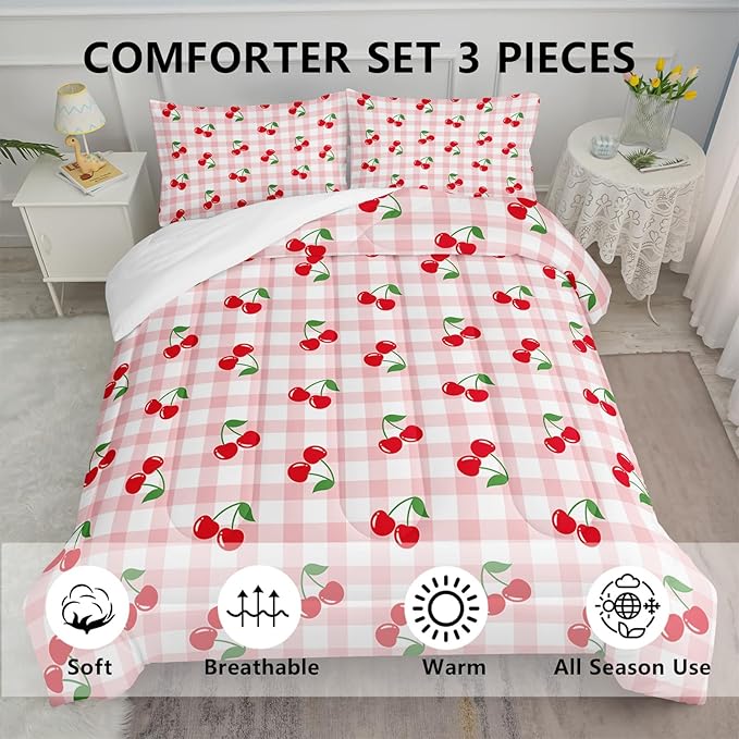 Red Cherry Gingham Bedding Twin Size,Cute Cherry Fruit Comforter Set for Kids Girls Women,3Pcs Pink Grid with Summer Fruit Bedding for Girls,Kawaii Plaid Quilt 1 Comforter 2 Pillowcases