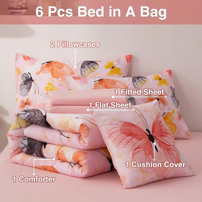 A Nice Night 6pcs Bed in A Bag Watercolor Ink Wash Tie-Dye Butterfly Printed, Butterflies Bedding Comforter Set, Orange Queen