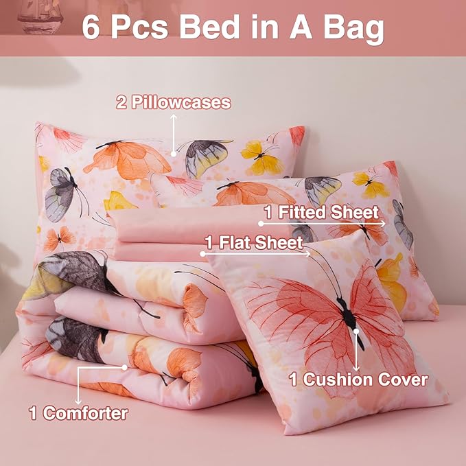A Nice Night 6pcs Bed in A Bag Watercolor Ink Wash Tie-Dye Butterfly Printed, Butterflies Bedding Comforter Set, Orange Full
