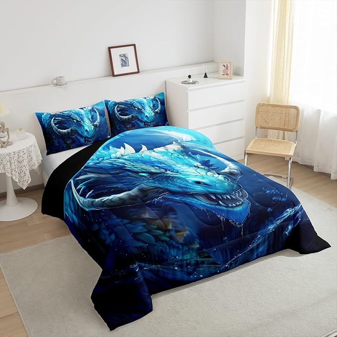 Vivid Dragon Bedding Set Full Size,Gothic Nature Animal Comforter Set for Kids Boys Teens Men Room Decor,Western Magical Dragon Duvet Insert 3Pcs,Boho Exotic Wildlife Soft Quilt Set,2 Pillowcases