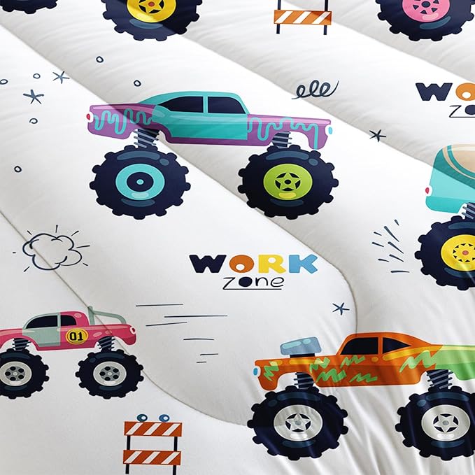 Kids Comforter Set for Boys,Cartoon Monster Car 3 Pieces Bedding Set King,Colorful Off-Road Vehicle All Season Soft Microfiber Down Alternative with 2 Pillowcases