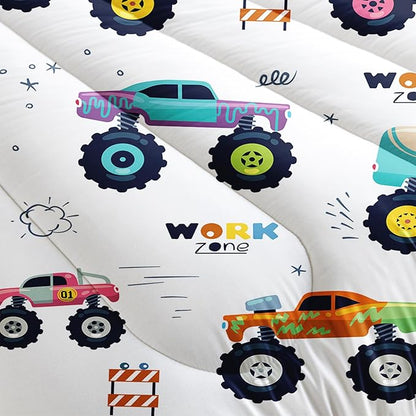 Kids Comforter Set for Boys,Cartoon Monster Car 3 Pieces Bedding Set King,Colorful Off-Road Vehicle All Season Soft Microfiber Down Alternative with 2 Pillowcases