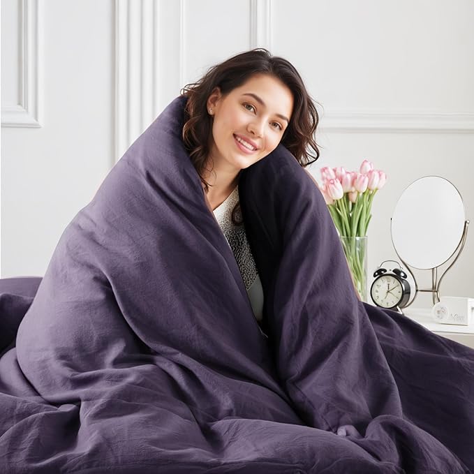 NEXHOME PRO 100% Washed Cotton Duvet Cover Full Size, Ogranic Natural Linen Feel Breathable Bedding Set with Zipper Closure, 3 Pieces Duvet Cover Set Eggplant (No Comfortert) 8090