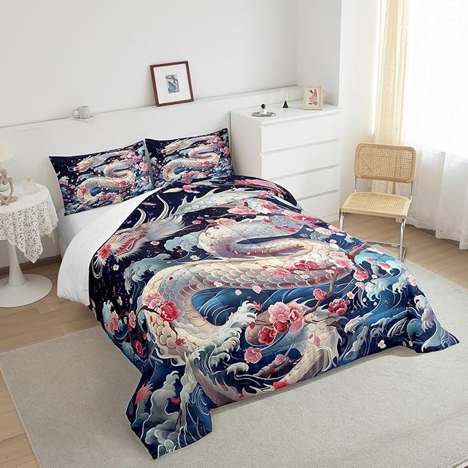 Dragon Bedding Set Queen Size,Pink Cherry Blossom Japanese Ukiyoe Comforter Set,Kids Girls Boys Teens Bedroom Decor,Ocean Sea Wave Quilt Set Western Wildlife White Dragon Duvet Insert,2 Pillowcases