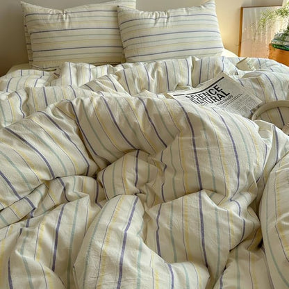 EAVD Retro Striped Duvet Cover Set King Size 100% Cotton Chic Stripes Printed Bedding Set with 2 Pillowcases Vintage Geometric Pattern Duvet Cover with Zipper Closure(Yellow&Purple&Blue, King)