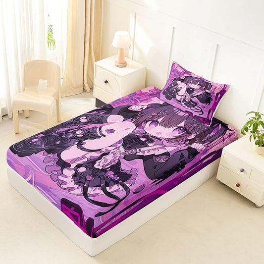 Erosebridal Kawaii Anime Girl Fitted Sheet Twin 3D Japanese Style Bed Sheets for Boys Girls Uniform Girls Bed Set Girly Anime Gift Sheets with 1 Pillowcase