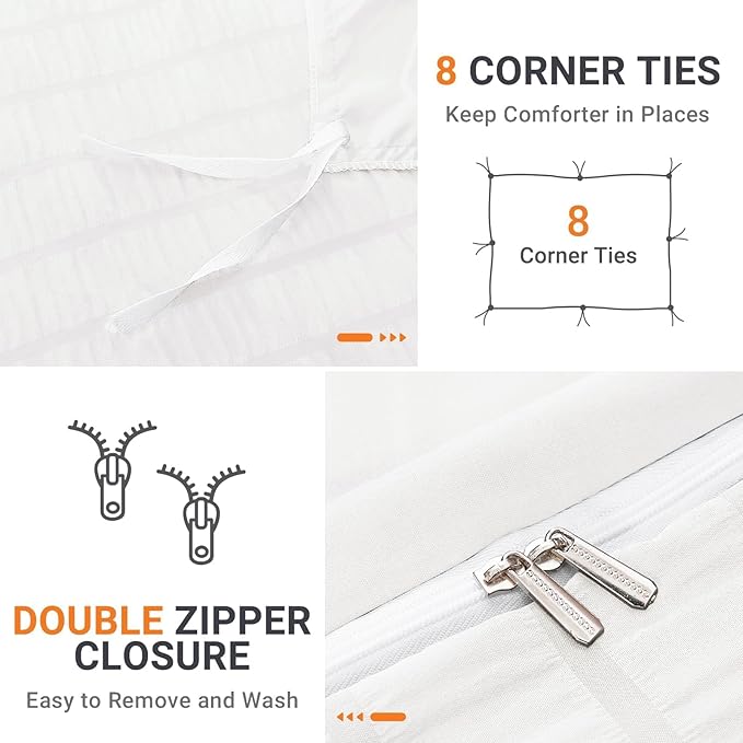 HYMOKEGE White Duvet Cover King Size, Ultra Soft 3-Piece Seersucker Duvet Cover Set with Zipper Closure, Soft Brushed Microfiber Bedding Set with 8 Corner Ties (104"x90", 2 Pillowshams)