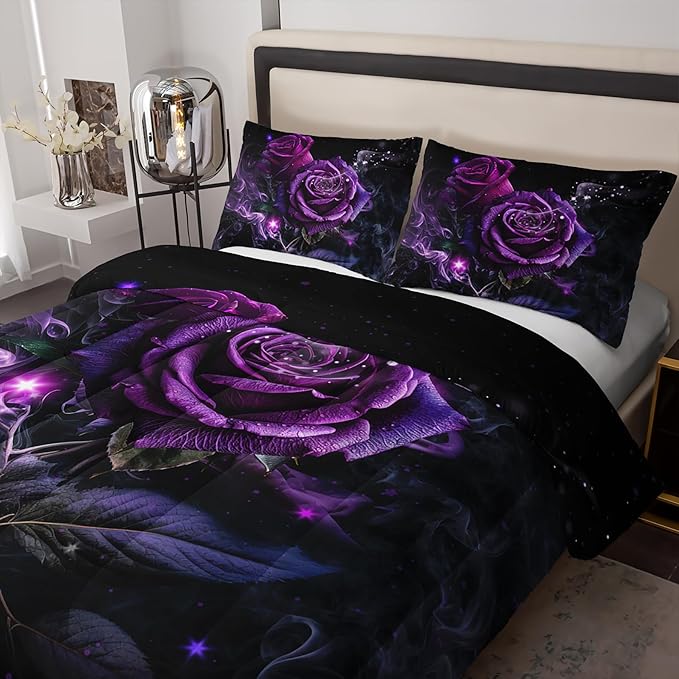 Purple Rose King Size Comforter Set - King Quilt Bedding Set with Flower Pattern for Women's Bedroom Decor