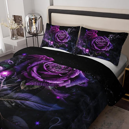 Purple Rose King Size Comforter Set - King Quilt Bedding Set with Flower Pattern for Women's Bedroom Decor