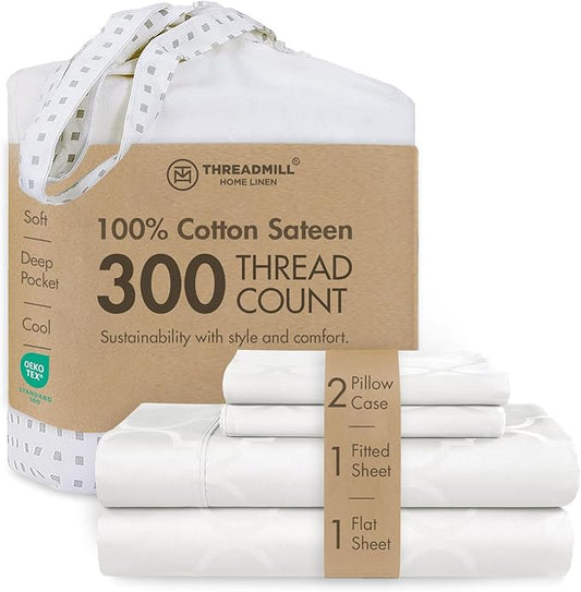 Threadmill Cotton Full Size Sheet Set | 100% Cotton Sheets for Full Size Bed | Damask Jacquard Full Bed Sheets Set with 16” Deep Pocket | Soft Sateen Weave 4-Piece Cooling Bedding Set | White