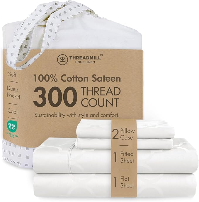Threadmill 100% Cotton Sheets for King Size Bed | 4 Pc King Bed Sheets Set | Soft, Breathable Lightweight Damask Sateen for All-Season Use | Snug Fit Elastic Deep Pocket King Sheets | White
