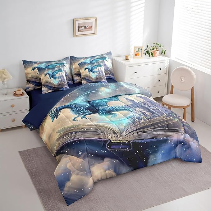 7 Pieces Queen Size 3D Dragon Comforter Set,Funny Fantasy Book Pattern Bedding Set for Kids Room Decor,Mid-Century Castle (Comforter+Fitted+Flat Sheet+2 Pillowcases+2 Throw Pillow Covers