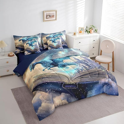 7 Pieces Queen Size 3D Dragon Comforter Set,Funny Fantasy Book Pattern Bedding Set for Kids Room Decor,Mid-Century Castle (Comforter+Fitted+Flat Sheet+2 Pillowcases+2 Throw Pillow Covers