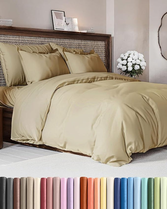 Duvet Cover Full Size Set - Extra Soft Full Duvet Cover 80" x 90" with 2 Pillow Shams - Hotel Luxury, Easy Care and Fade Free w/ Zipper Closures & Ties - All Season, Comfy, Cozy & Breathable (Beige)