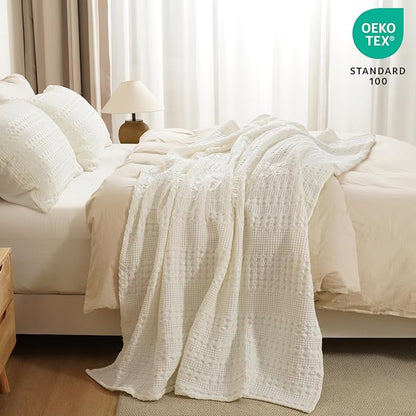 PHF 100% Cotton Waffle Weave Throw Blanket, Soft Lightweight Breathable Cozy Throws for Couch Bed Sofa, Luxury Aesthetic Blanket Gift for Home Decor & Office, 50"x60", Ivory