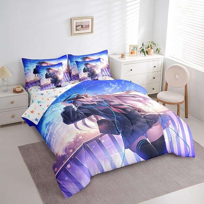 Erosebridal Anime Girl Comforter Set Twin Size 7 Piece, Japanese Anime Bedding Set with Sheet Set for Kids Boys Teens Bedroom Decor, Cartoon Girl Bed in A Bag Kawaii Japanese Animation Decor