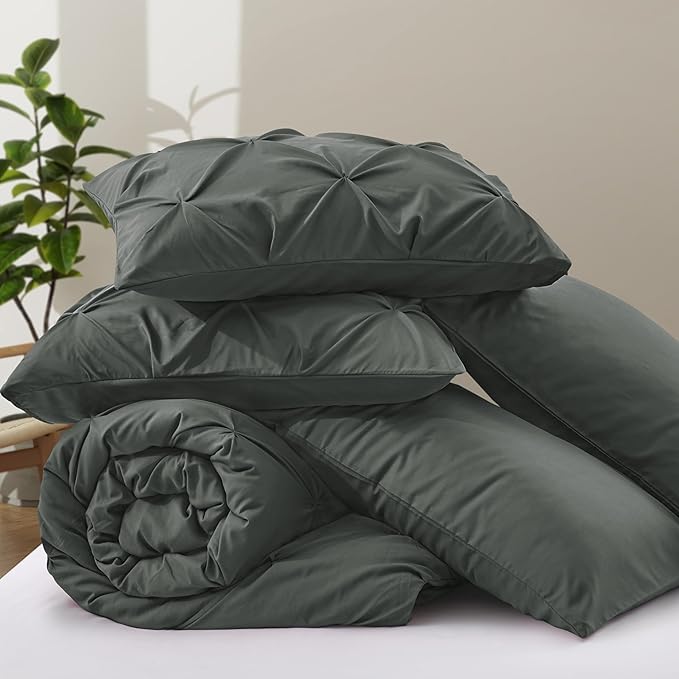 VACVELT 5 Piece Pinch Pleated Duvet Cover Full/Queen Size Set, Charcoal Black Pintuck Duvet Cover with Zipper & 8 Ties, Shabby Chic Microfiber + 2 Pillow Shams + 2 Pillowcases, No Comforter