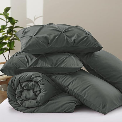 VACVELT 5 Piece Pinch Pleated Duvet Cover Full/Queen Size Set, Charcoal Black Pintuck Duvet Cover with Zipper & 8 Ties, Shabby Chic Microfiber + 2 Pillow Shams + 2 Pillowcases, No Comforter