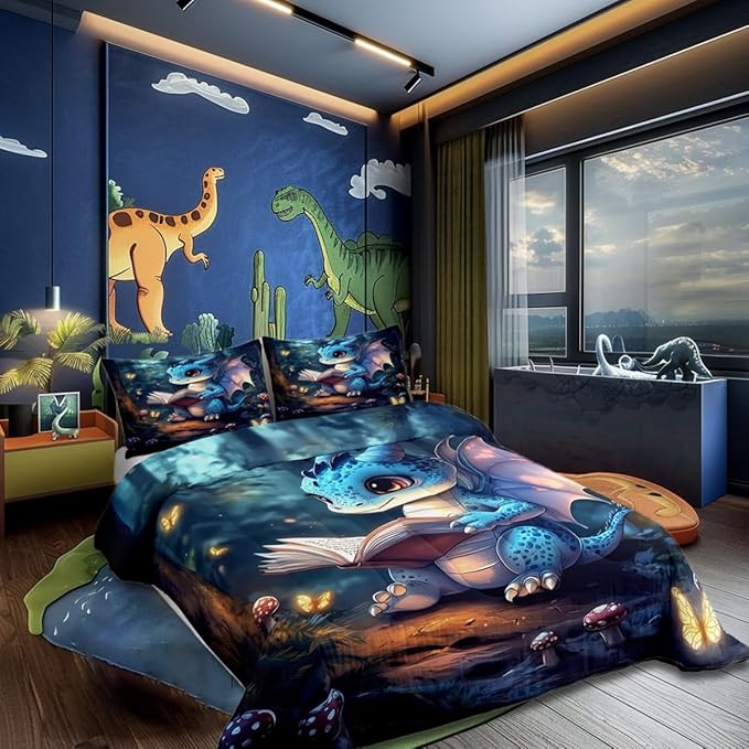 3D Cartoon Dragon Bedding Set King Size Western Fairy Tale Comforter for Child Teens Sparkling Pink Butterfly Down Comforter Mysterious Jungle Duvet Insert with 2 Pillowcases