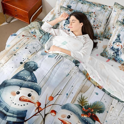 Castle Fairy Funny Xmas Snowman Reversible 7 Pieces Comforter Set,Blue Christmas Flowers Bed Sheet Set for Kids Teens Boys,Botanical Fruits Plants Bedding Set with Comforter,Fitted & Flat Sheet,King