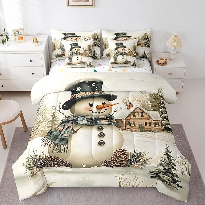 Winter Farmhouse Style Comforter Set Bed in a Bag 7 Pieces King,3D Snowman Cartoon Pattern Boys Girls Bedding Set,Merry Christmas (Comforter+Fitted+Flat Sheet+2 Pillowcases+2 Throw Pillow Covers)