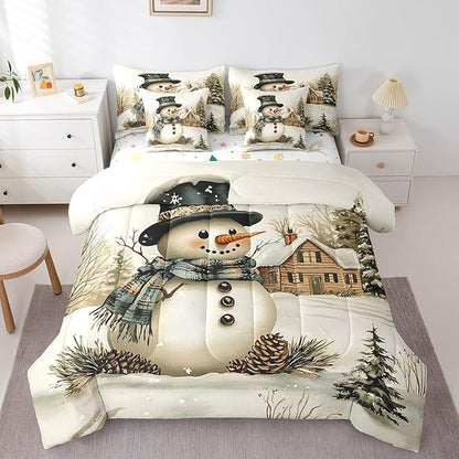 Winter Farmhouse Style Comforter Set Bed in a Bag 7 Pieces King,3D Snowman Cartoon Pattern Boys Girls Bedding Set,Merry Christmas (Comforter+Fitted+Flat Sheet+2 Pillowcases+2 Throw Pillow Covers)