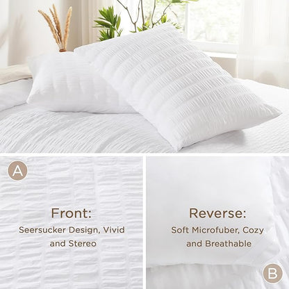 AveLom Seersucker King Comforter Set (104x90 inches), 3 Pieces - 100% Soft Washed Microfiber Lightweight Comforter with 2 Pillowcases, All Season Down Alternative Comforter Set for Bedding, White