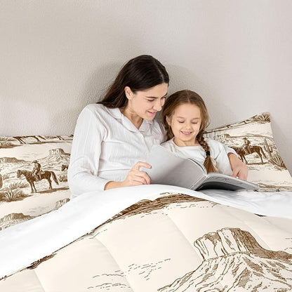 Wild West Comforter Set Queen Cowboys Bedding For Man Teens Boy American Western Desert Hunting Horse Riding Bedding Comforter Sets Hand Drawn Illustration Mountain Cactus Room Decor Duvet Insert