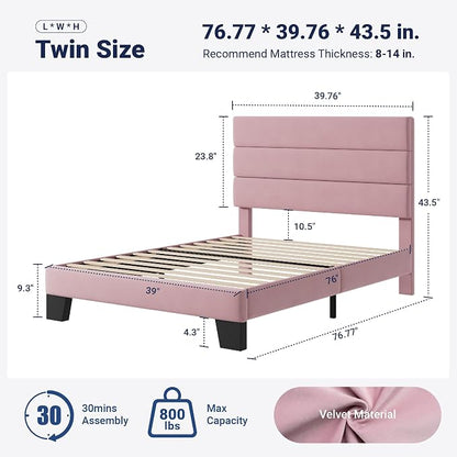 Allewie Twin Size Platform Bed Frame with Velvet Upholstered Headboard Pink | Wooden Slats Support, Fully Upholstered Mattress Foundation, No Box Spring Needed, Easy Assembly, Noise-Free, Pink