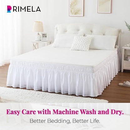 RIMELA White Bed Skirt King Size 16 Inch Drop, Elastic Bed Skirting for Bed Base and Frame, Bedding Dust Ruffle Easy to Install, Lightweight Wrap Around Adjustable Bedskirt