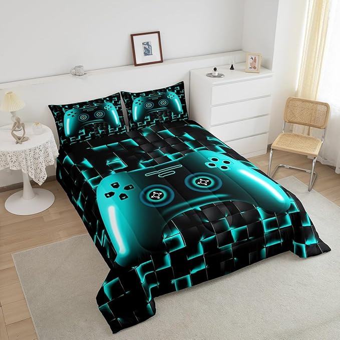 Erosebridal Boys Gaming Queen Size Bedding Set for Kids Gamer Comforter Sets for Teen Boys Game Controller Bedroom Decor,Neon Teal Glowing Geometric Grid Bedding,Black Abstract Check Square Comforter