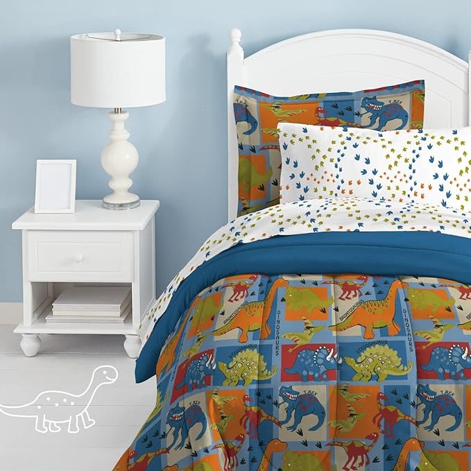 Dream Factory Dinosaur Blocks Ultra Soft Microfiber Boys Comforter Set, Blue, Twin